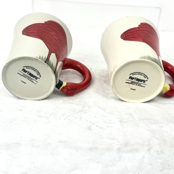 Set 2 Pier 1 Sculpted Fanni Flamingo 3D Red White Coffee Mug Tall 16 oz Hand Pai - Picture 10 of 12